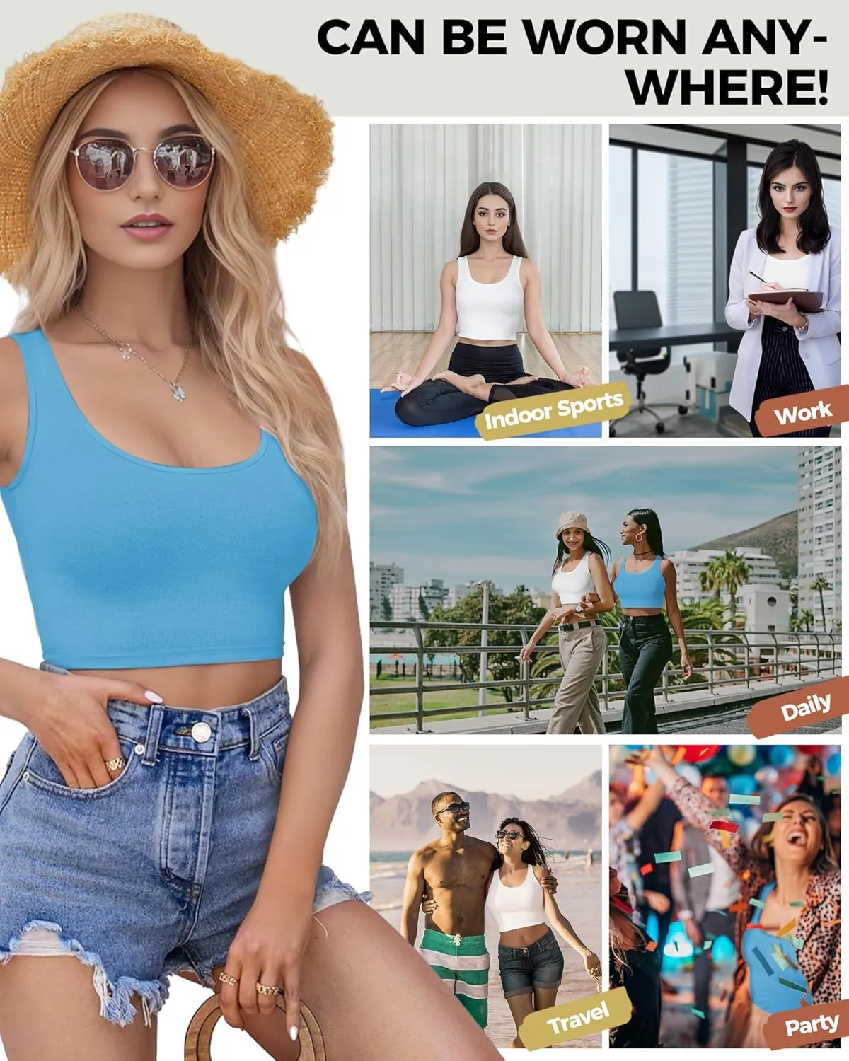 2Piece Crop Tops for Women, U Neck Sleeveless Tank Tops, Basic Cropped Racerback Going Out Tops Athletic Sports Shirts