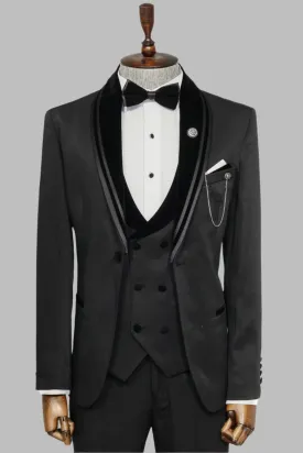 3 Piece Trim Detailed Self-Patterned Velvet Shawl Collar Black Men's Tuxedo - Wessi