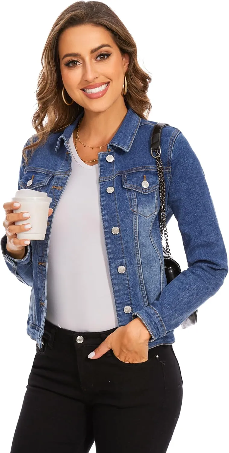 Anienaya Women's Stretch Denim Jacket Long Sleeve Basic Trendy Button Up Trucker Jean Jackets