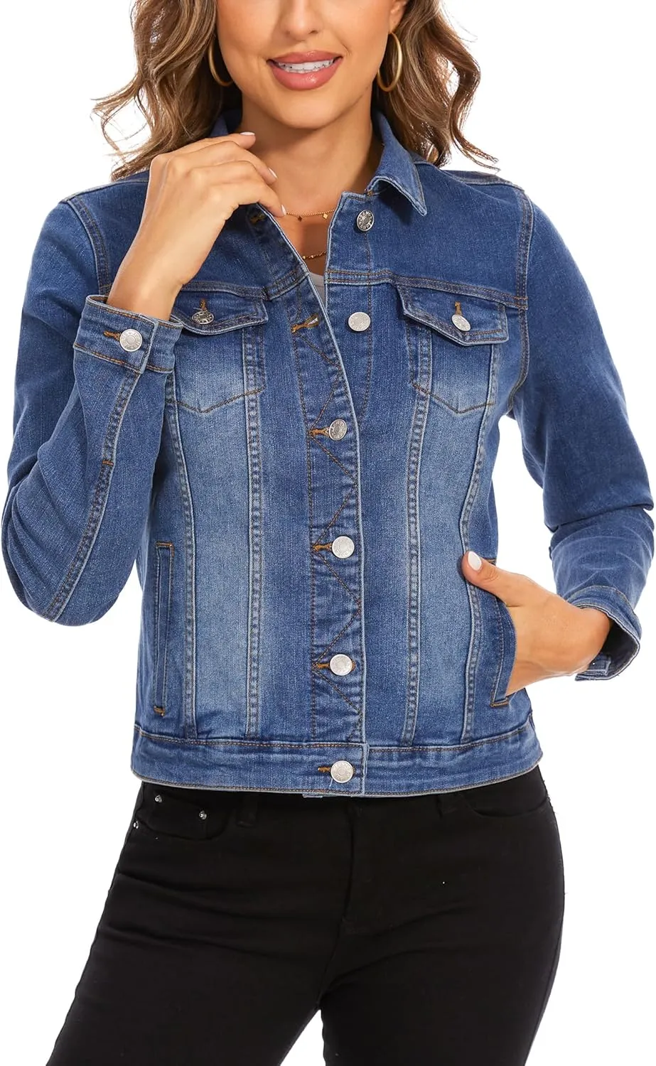 Anienaya Women's Stretch Denim Jacket Long Sleeve Basic Trendy Button Up Trucker Jean Jackets
