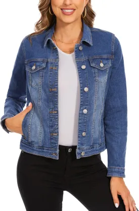 Anienaya Women's Stretch Denim Jacket Long Sleeve Basic Trendy Button Up Trucker Jean Jackets