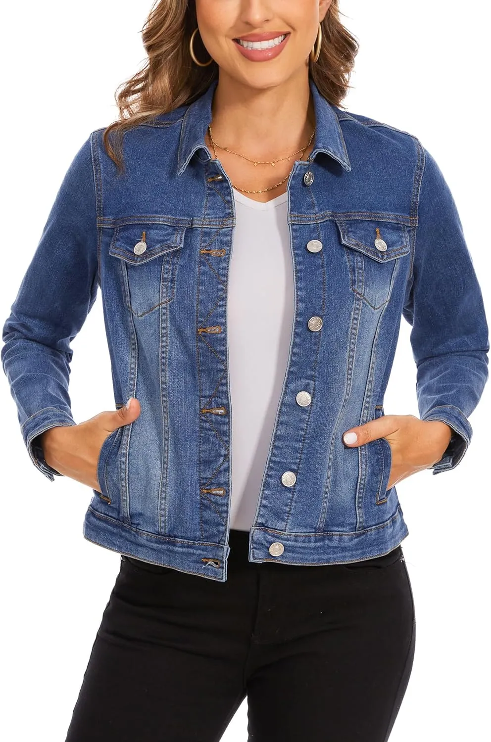 Anienaya Women's Stretch Denim Jacket Long Sleeve Basic Trendy Button Up Trucker Jean Jackets