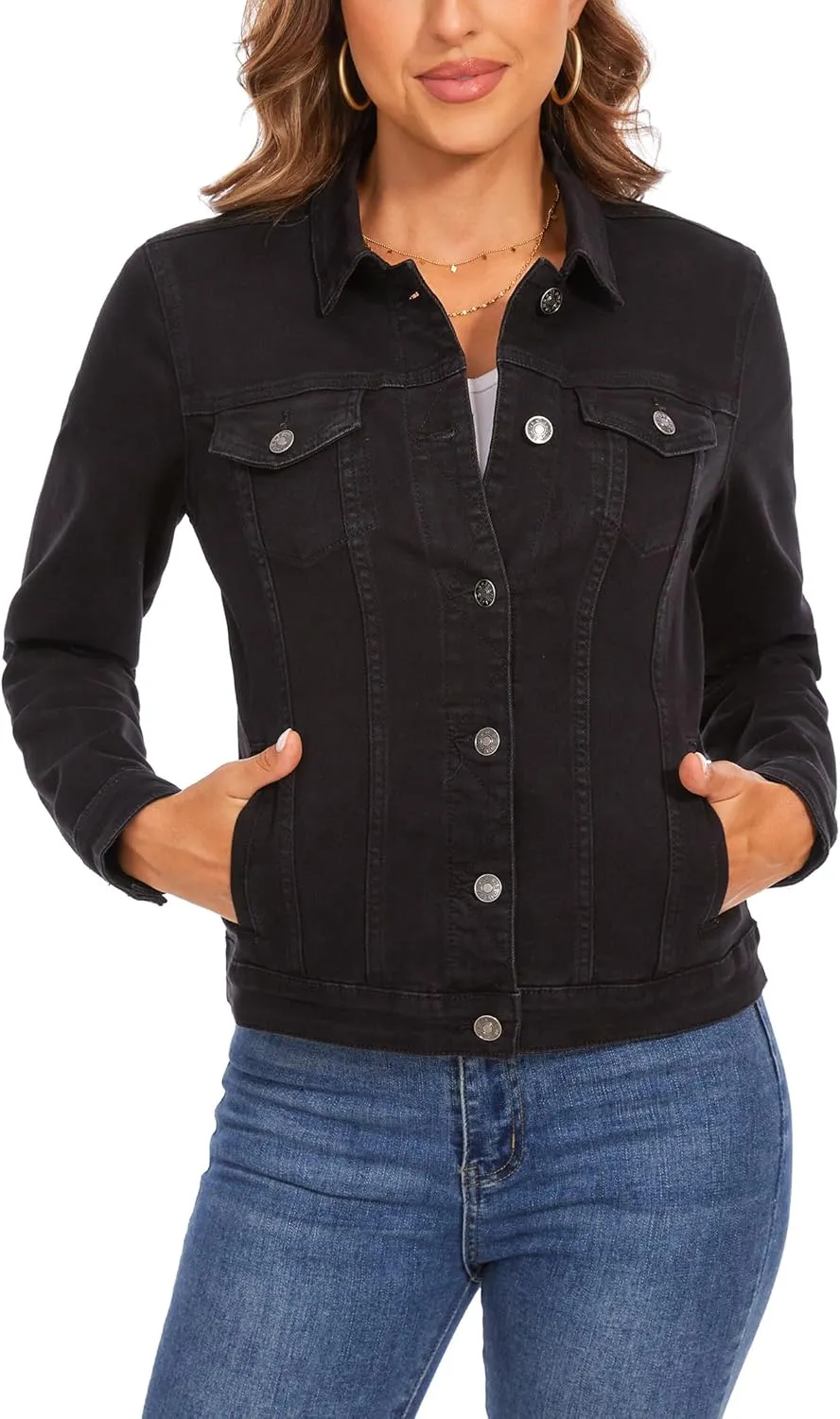 Anienaya Women's Stretch Denim Jacket Long Sleeve Basic Trendy Button Up Trucker Jean Jackets