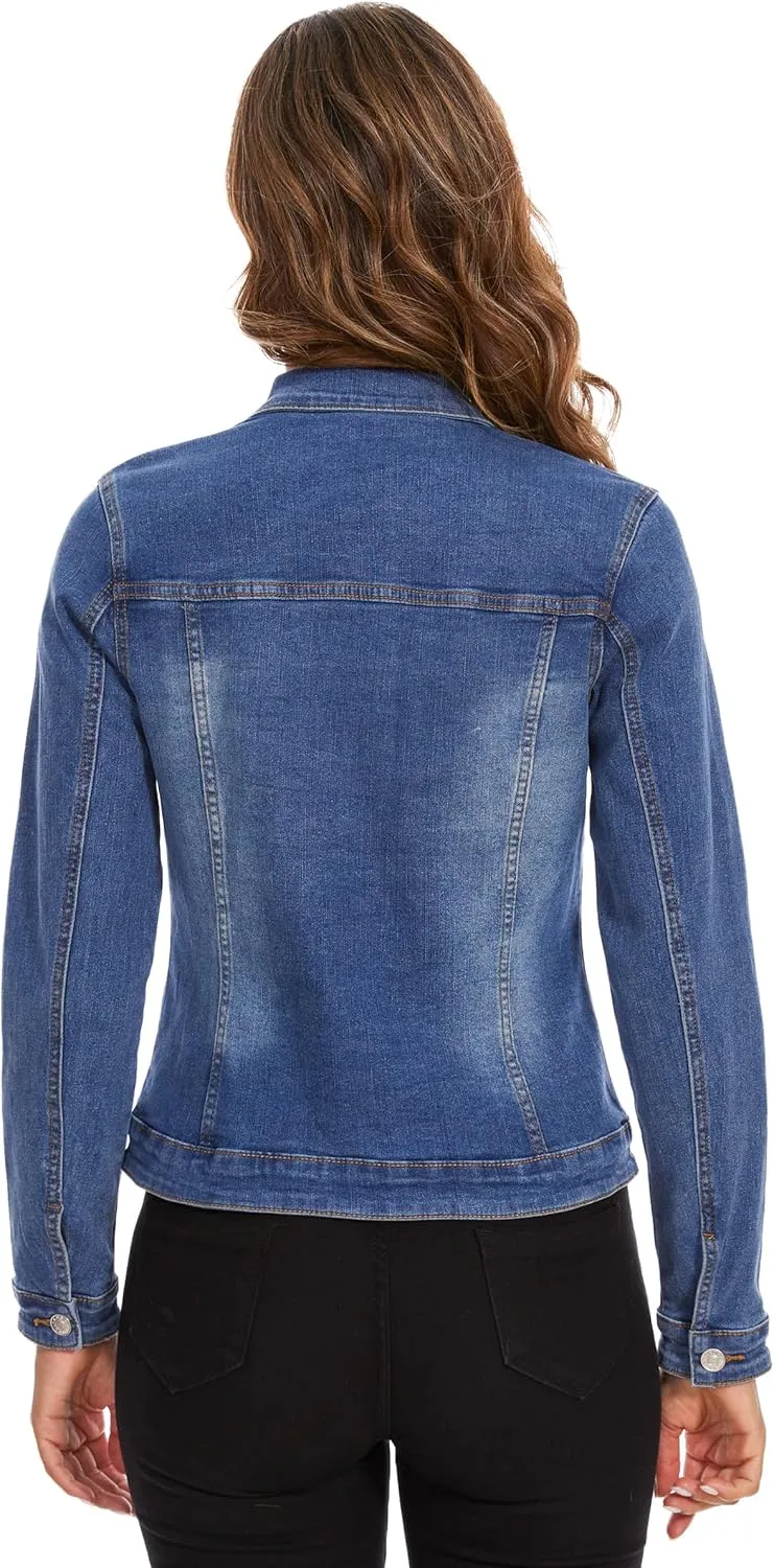 Anienaya Women's Stretch Denim Jacket Long Sleeve Basic Trendy Button Up Trucker Jean Jackets