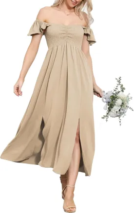 Anna-Kaci Women's Summer Off Shoulder Flutter Cap Sleeve Shirred Smocked High Waist Slit Maxi Dress