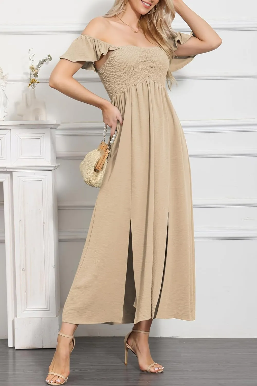 Anna-Kaci Women's Summer Off Shoulder Flutter Cap Sleeve Shirred Smocked High Waist Slit Maxi Dress