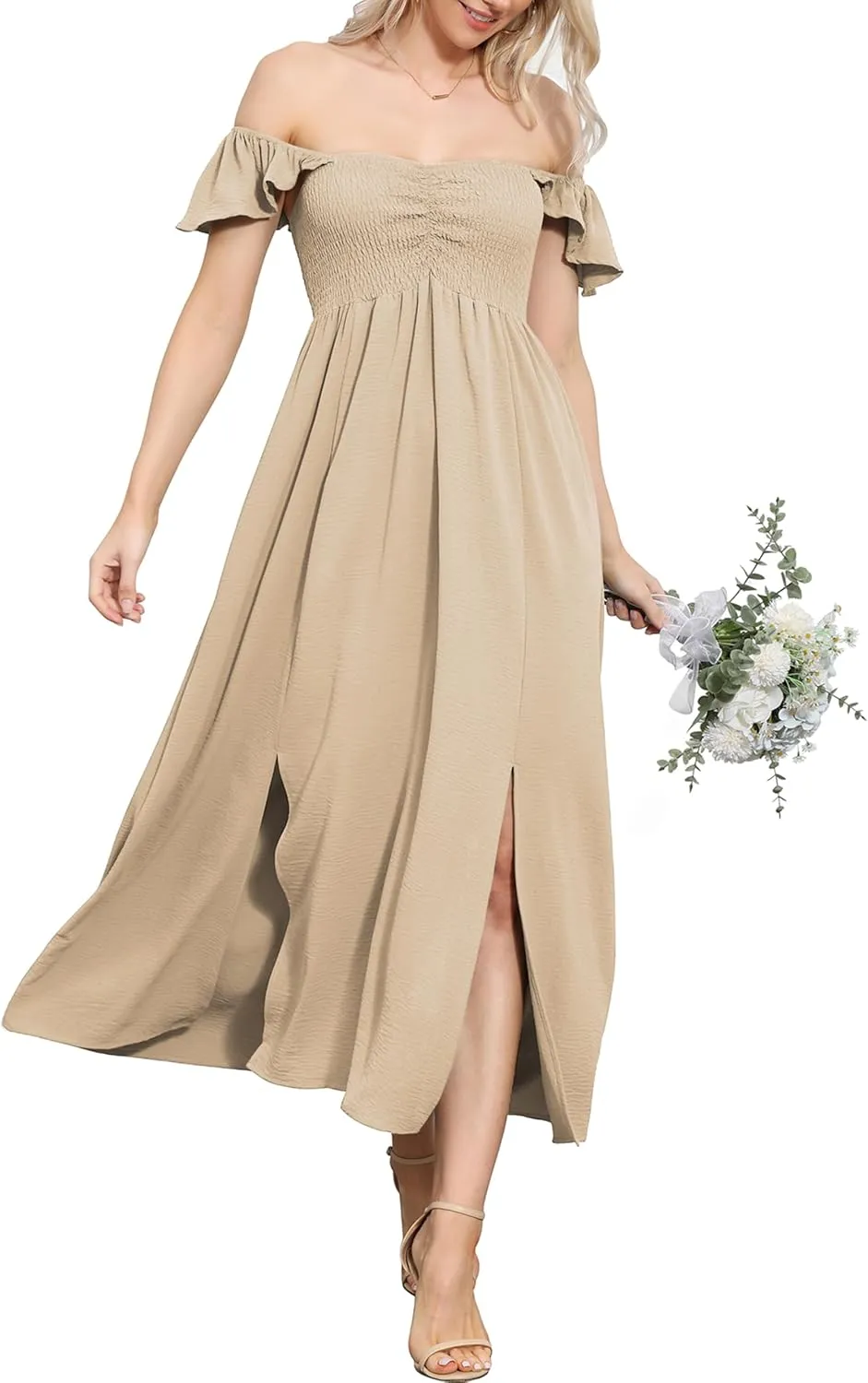 Anna-Kaci Women's Summer Off Shoulder Flutter Cap Sleeve Shirred Smocked High Waist Slit Maxi Dress