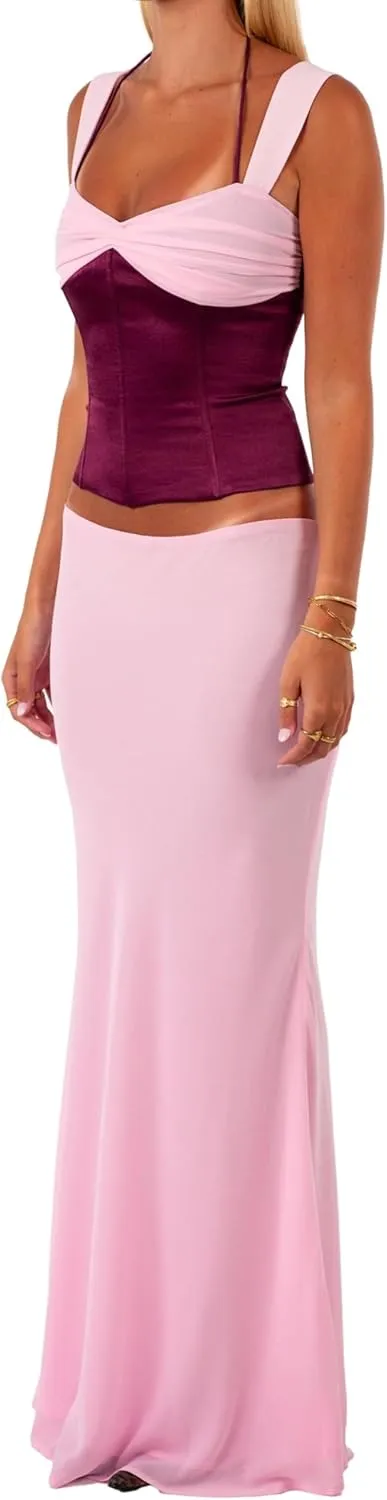Argeousgor 2 Piece Maxi Skirt Set for Women Lace Up Back Tank Tops Tie Up High Waist Long Skirt Set