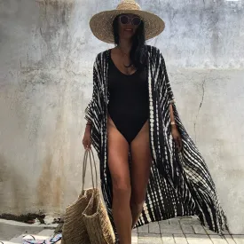 Bikini Cover Ups | Swimsuit Beach Blouse | Swimsuit Cover Up | Kimono Women Bikini Cover-ups | Beach Wear Swim Suit | Black Striped Cover Up