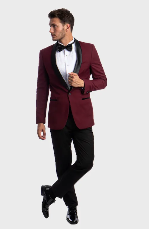 Burgundy One Button Shawl Collar Tuxedo