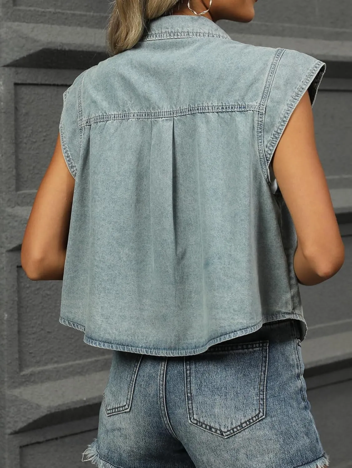 Cap Sleeve Cropped Denim Jean Jacket Vest Summer Button Front Casual Denim Jackets with Pockets