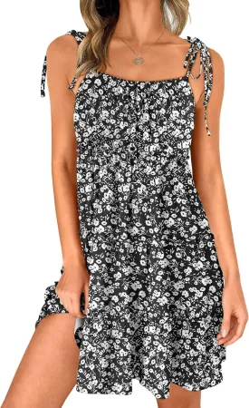 Caracilia Sundress for Women 2025 Summer Casual Travel Vacation Beach Cover Ups Floral Spaghetti Strap Flowy Cute Mini Dress