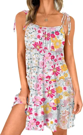 Caracilia Sundress for Women 2025 Summer Casual Travel Vacation Beach Cover Ups Floral Spaghetti Strap Flowy Cute Mini Dress