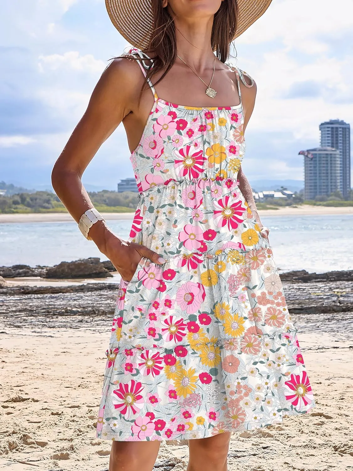 Caracilia Sundress for Women 2025 Summer Casual Travel Vacation Beach Cover Ups Floral Spaghetti Strap Flowy Cute Mini Dress