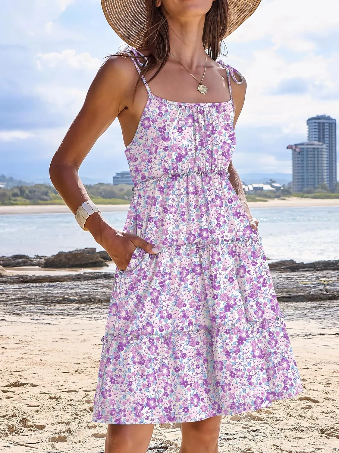Caracilia Sundress for Women 2025 Summer Casual Travel Vacation Beach Cover Ups Floral Spaghetti Strap Flowy Cute Mini Dress