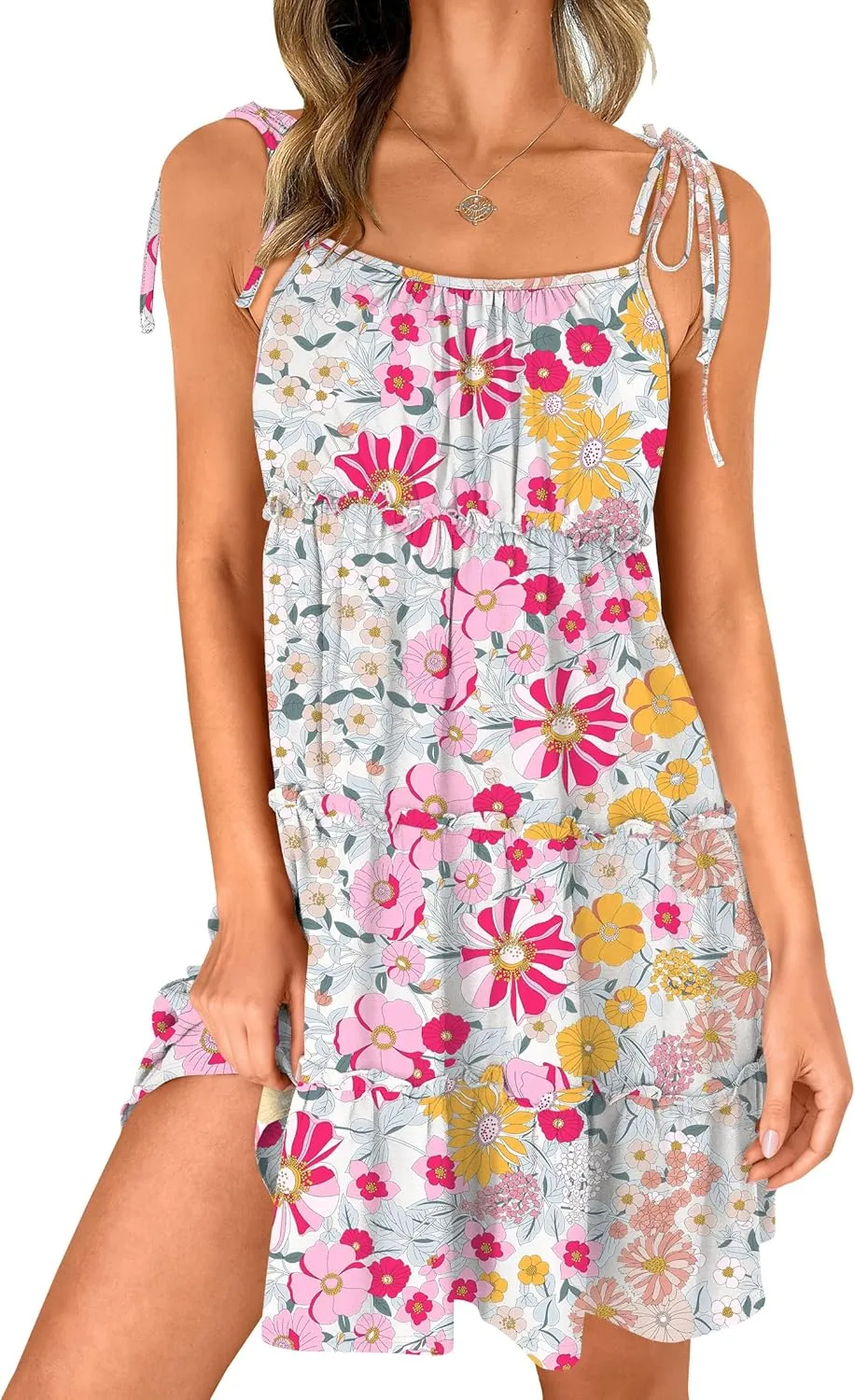 Caracilia Sundress for Women 2025 Summer Casual Travel Vacation Beach Cover Ups Floral Spaghetti Strap Flowy Cute Mini Dress