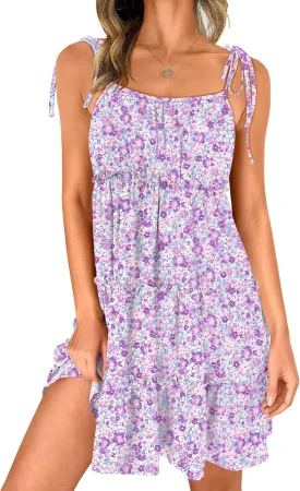 Caracilia Sundress for Women 2025 Summer Casual Travel Vacation Beach Cover Ups Floral Spaghetti Strap Flowy Cute Mini Dress