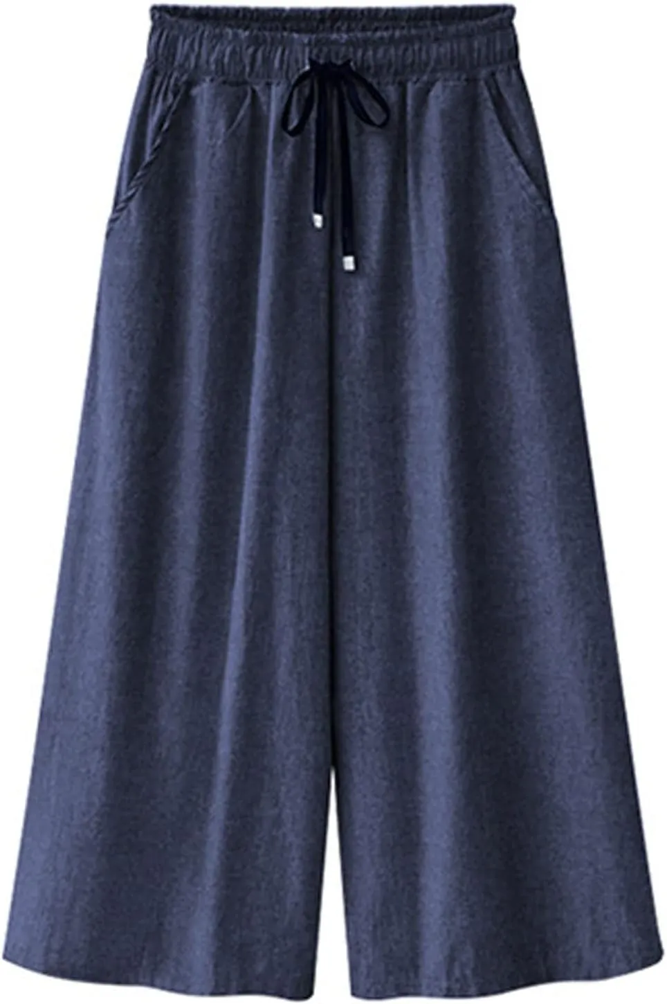 CHARTOU Women Elastic Waist Wide Leg Capris Cropped Denim Pants Jeans Palazzo Culottes with Pocket