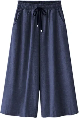 CHARTOU Women Elastic Waist Wide Leg Capris Cropped Denim Pants Jeans Palazzo Culottes with Pocket
