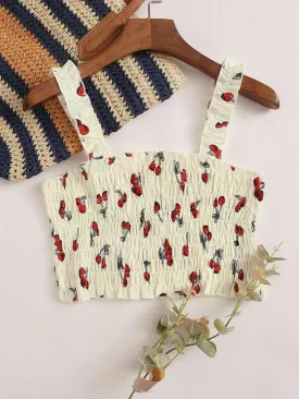 Cherry Print Shirred Crop Top