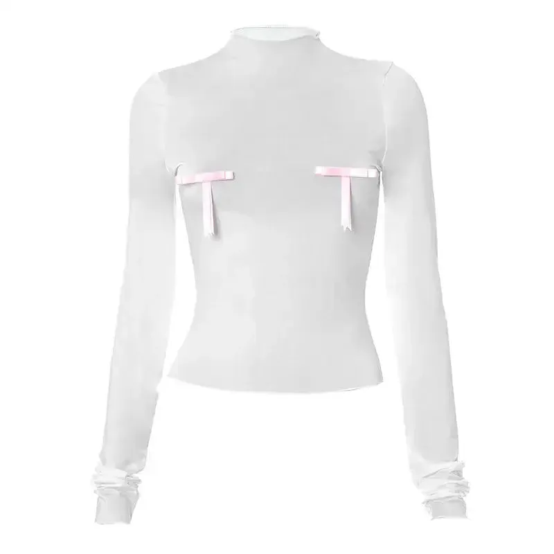 Contrast Bow Sheer Slim Long Sleeve Crop Top