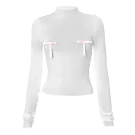 Contrast Bow Sheer Slim Long Sleeve Crop Top