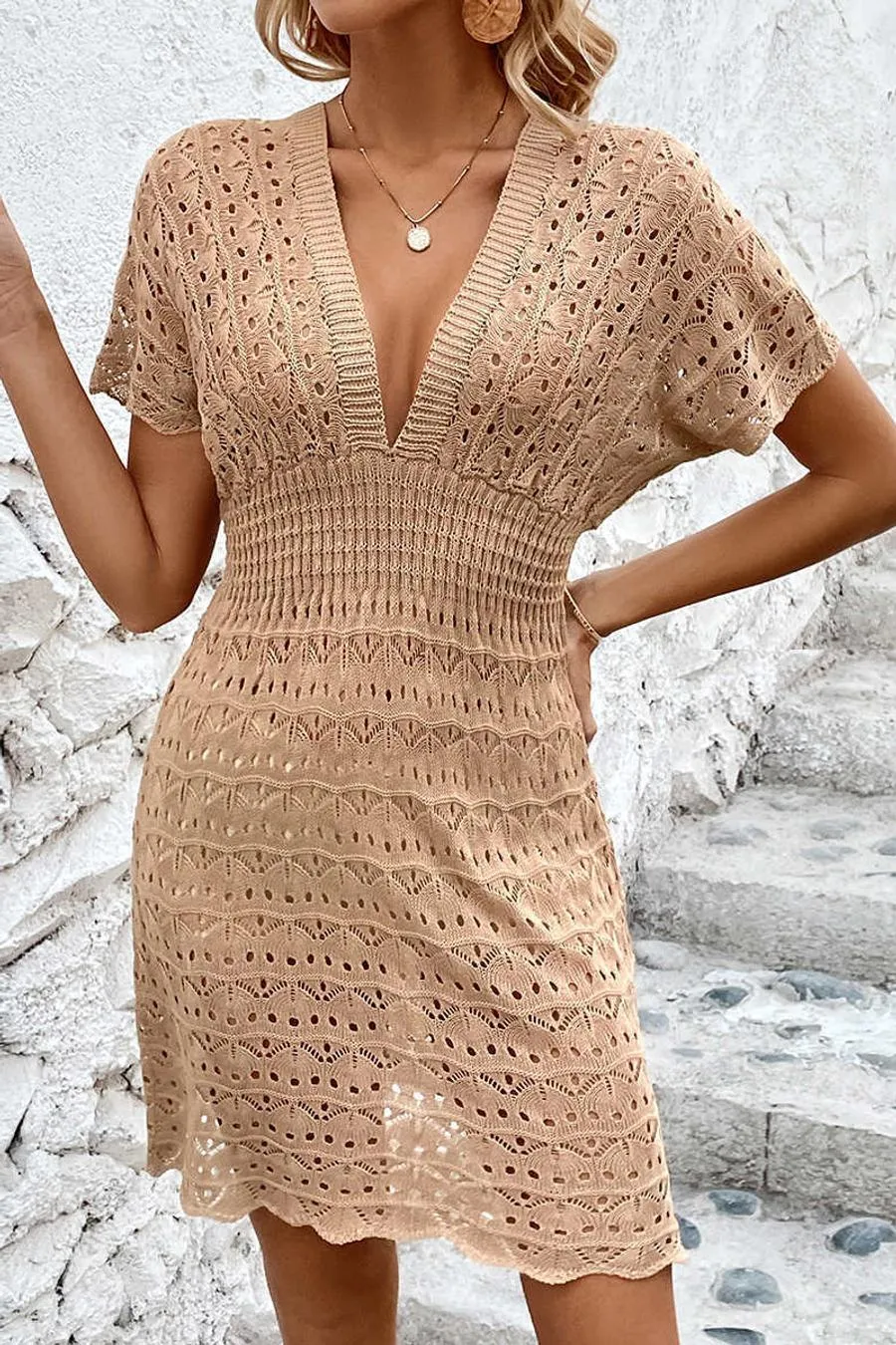 Cut Out Knitted 3 colors V-neck Mini Dress Cover Up