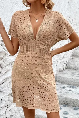 Cut Out Knitted 3 colors V-neck Mini Dress Cover Up