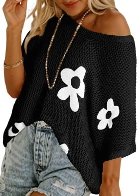 Dokotoo Womens Floral Fashion Summer Tops 2025 Short Sleeve Crochet Sweaters Swimsuit Cover Ups Lightweight Knit Pullover