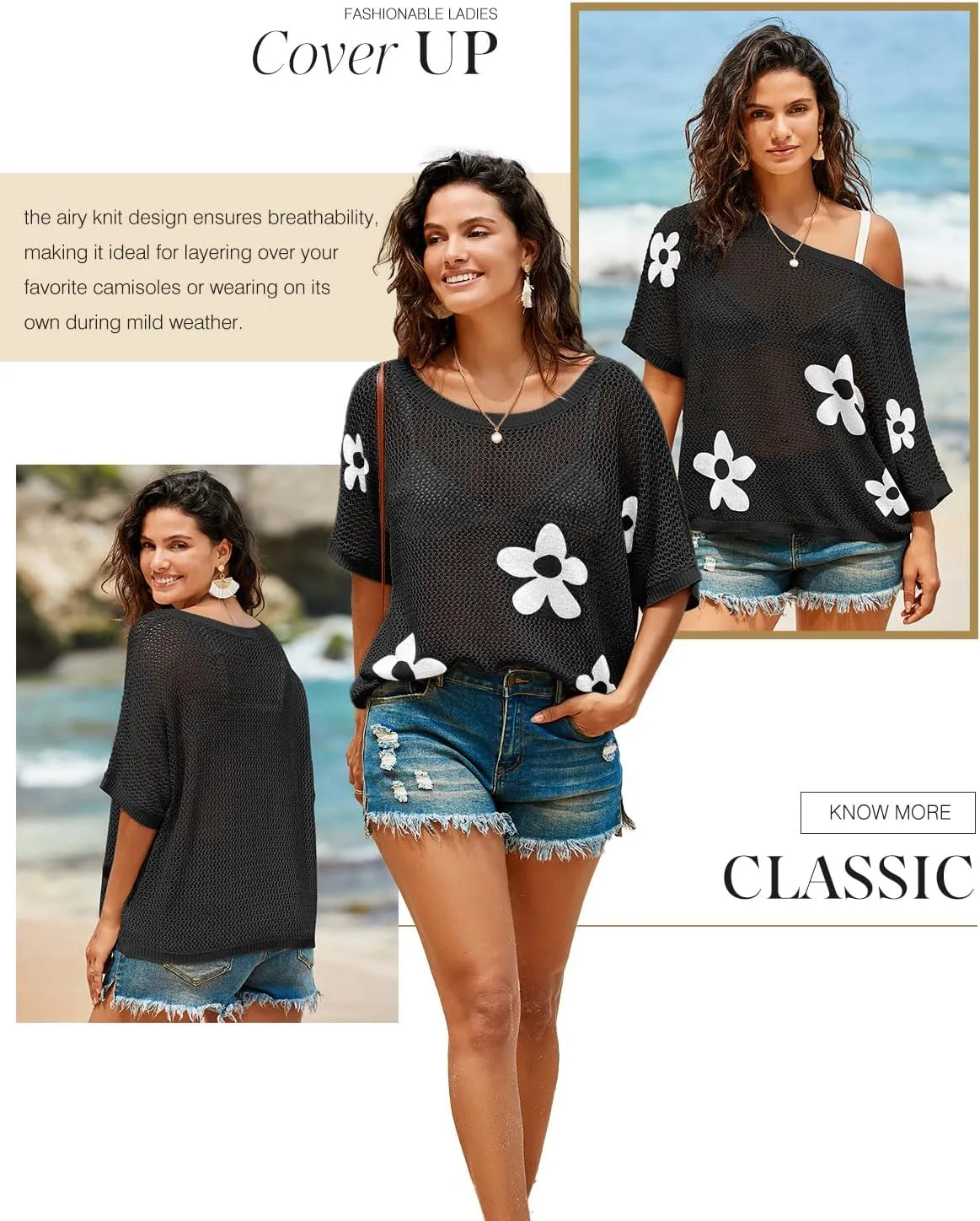 Dokotoo Womens Floral Fashion Summer Tops 2025 Short Sleeve Crochet Sweaters Swimsuit Cover Ups Lightweight Knit Pullover