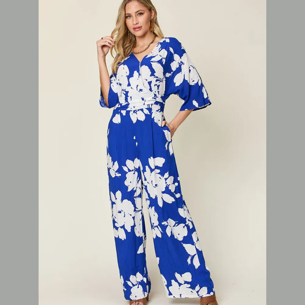 Double Take Full Size Printed Tie Back Wide Leg Jumpsuit