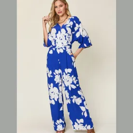 Double Take Full Size Printed Tie Back Wide Leg Jumpsuit