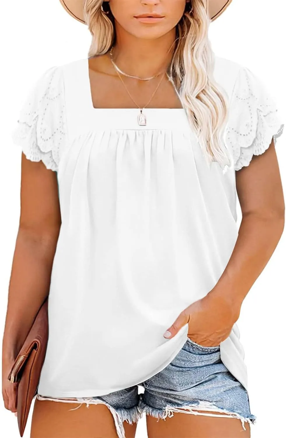 Eytino Womens Plus Size Tops Ruffle Short Sleeve Square Neck Summer Loose Casual Tee Shirts(1X-5X)