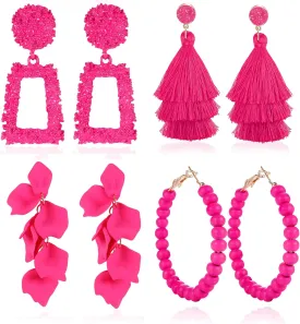 FIBO STEEL Statement Earrings Drop Dangle Earrings for Women Hot Pink Earrings Geometric Beaded Hoop Earrings Boho Rose Petal Tassel Earrings Set