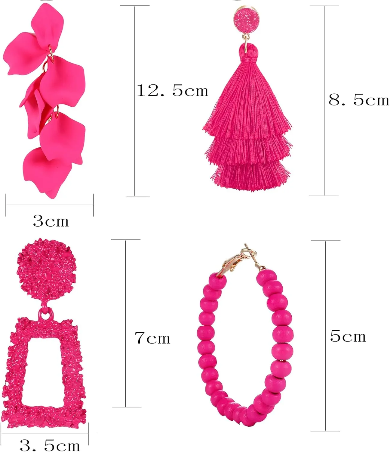FIBO STEEL Statement Earrings Drop Dangle Earrings for Women Hot Pink Earrings Geometric Beaded Hoop Earrings Boho Rose Petal Tassel Earrings Set