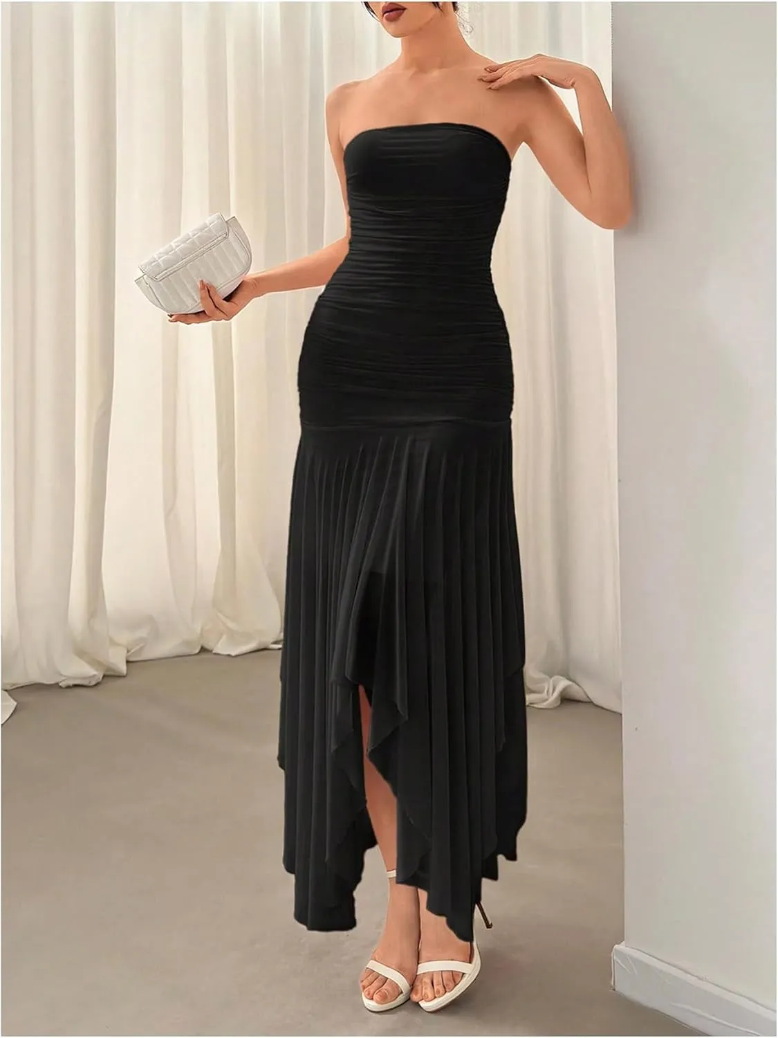 Floerns Women's Sleeveless Ruched Ruffle Asymmetrical Hem Mesh Evening Tube Dresses