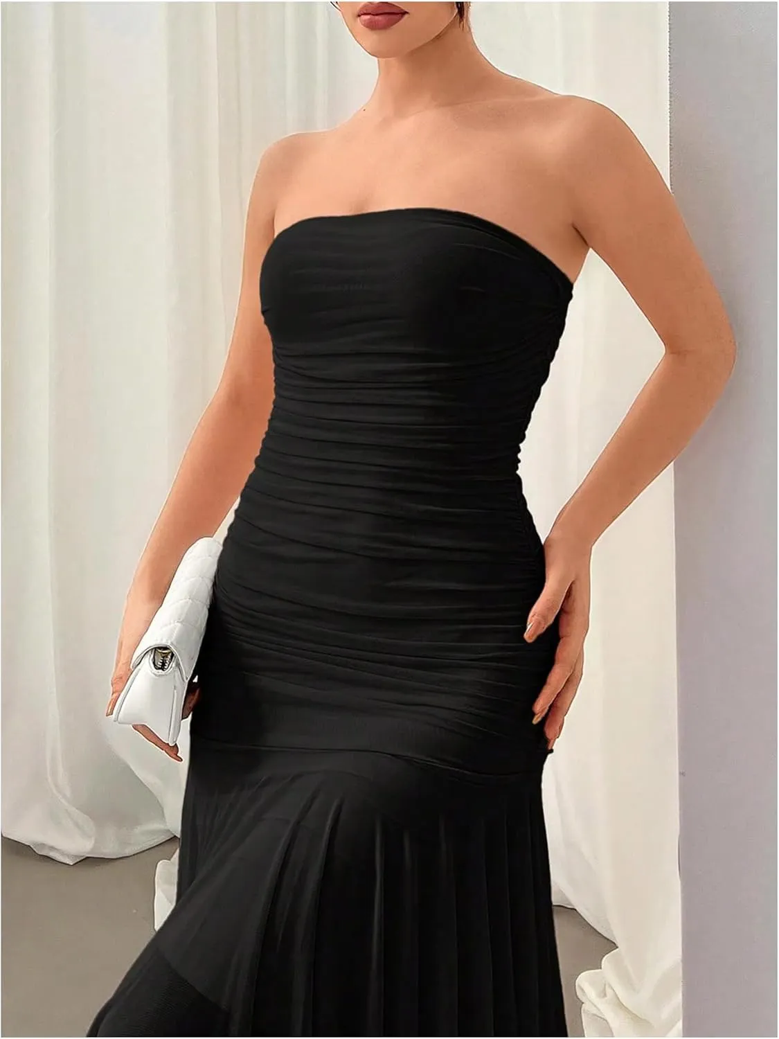 Floerns Women's Sleeveless Ruched Ruffle Asymmetrical Hem Mesh Evening Tube Dresses