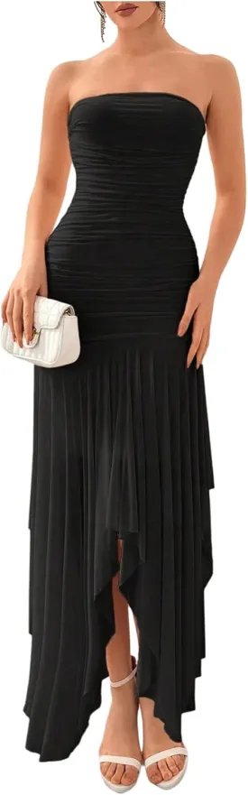 Floerns Women's Sleeveless Ruched Ruffle Asymmetrical Hem Mesh Evening Tube Dresses