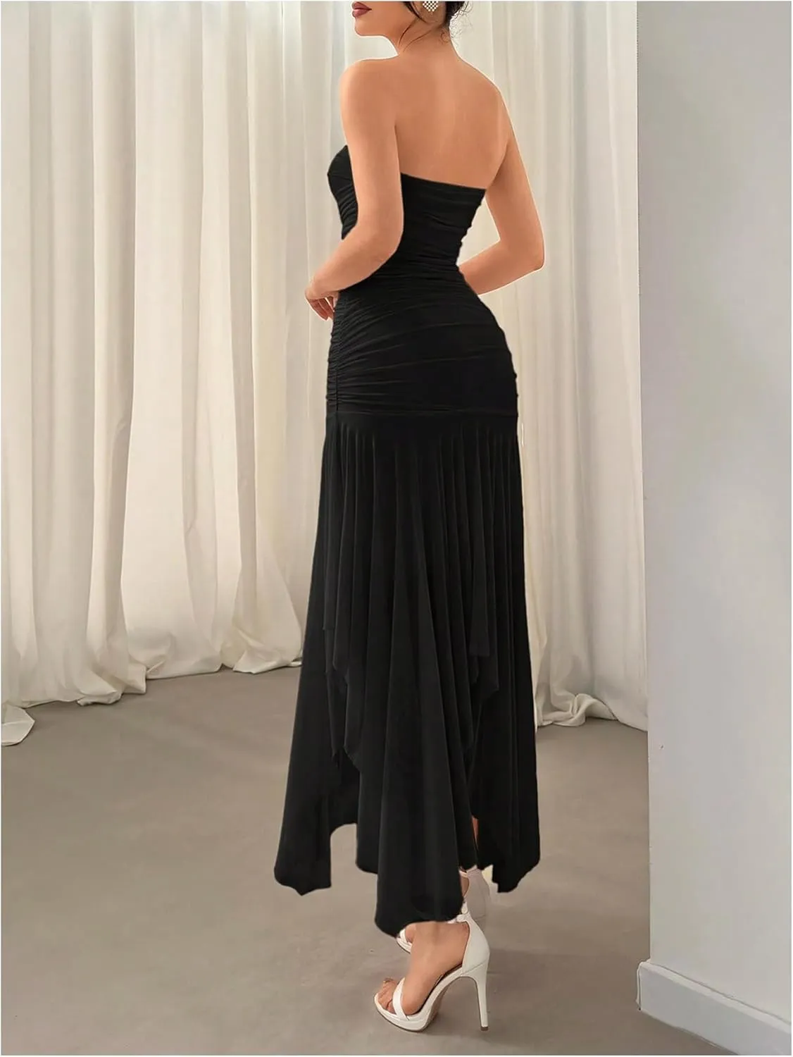 Floerns Women's Sleeveless Ruched Ruffle Asymmetrical Hem Mesh Evening Tube Dresses