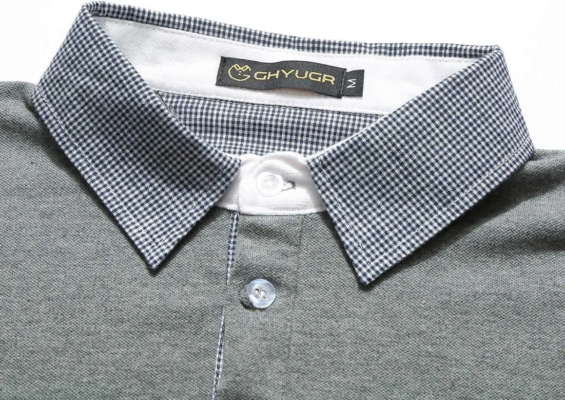 GHYUGR Men's Classic Plaid Splicing Long Sleeve Golf Polo Real Pocket Business Casual T-Shirt