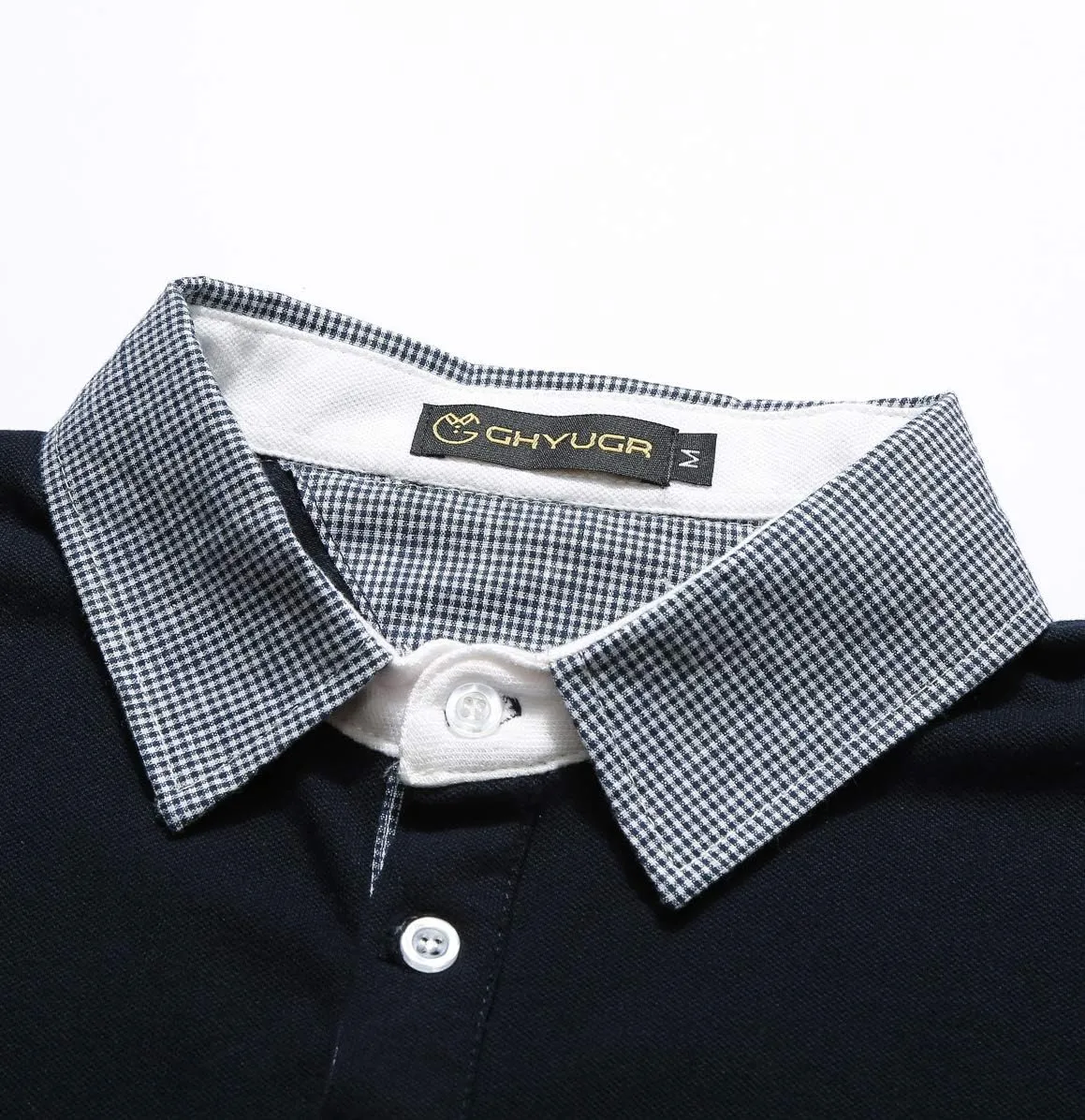 GHYUGR Men's Classic Plaid Splicing Long Sleeve Golf Polo Real Pocket Business Casual T-Shirt