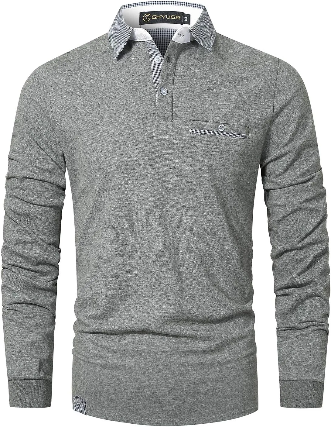 GHYUGR Men's Classic Plaid Splicing Long Sleeve Golf Polo Real Pocket Business Casual T-Shirt