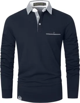 GHYUGR Men's Classic Plaid Splicing Long Sleeve Golf Polo Real Pocket Business Casual T-Shirt