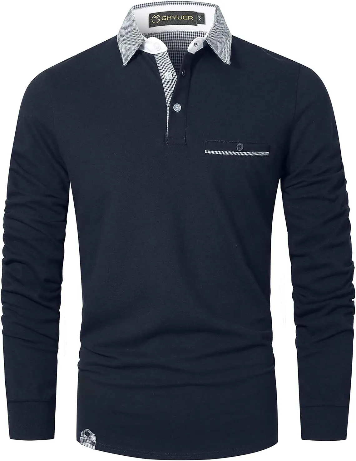 GHYUGR Men's Classic Plaid Splicing Long Sleeve Golf Polo Real Pocket Business Casual T-Shirt