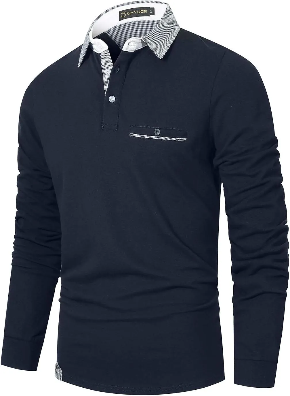 GHYUGR Men's Classic Plaid Splicing Long Sleeve Golf Polo Real Pocket Business Casual T-Shirt