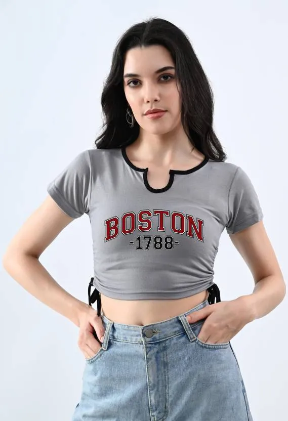 Grey Printed Short Sleeves Crop Top