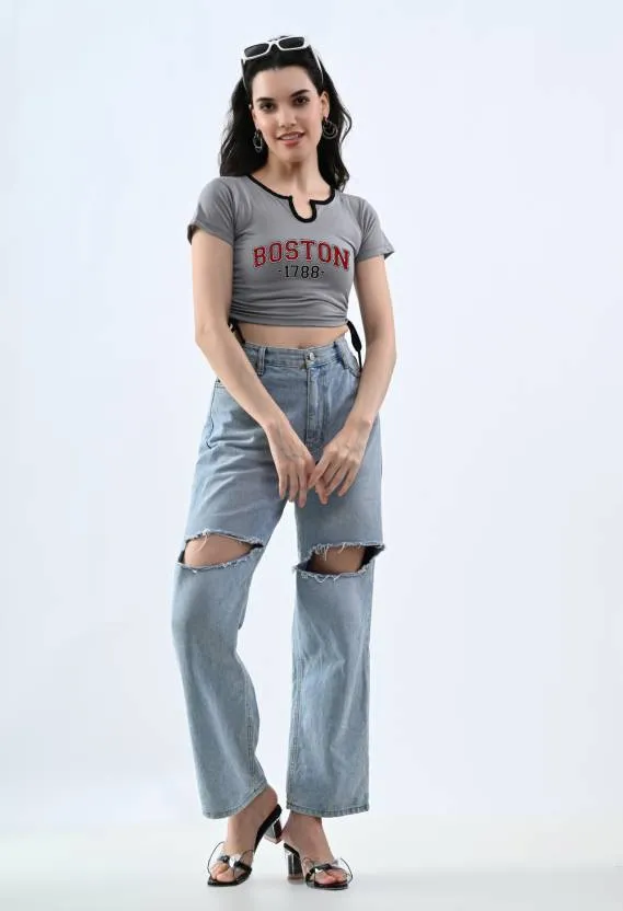 Grey Printed Short Sleeves Crop Top