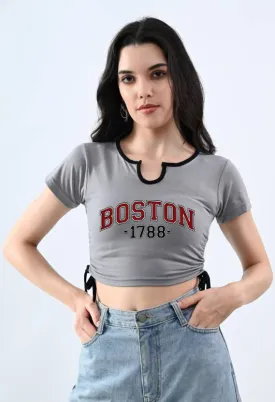 Grey Printed Short Sleeves Crop Top