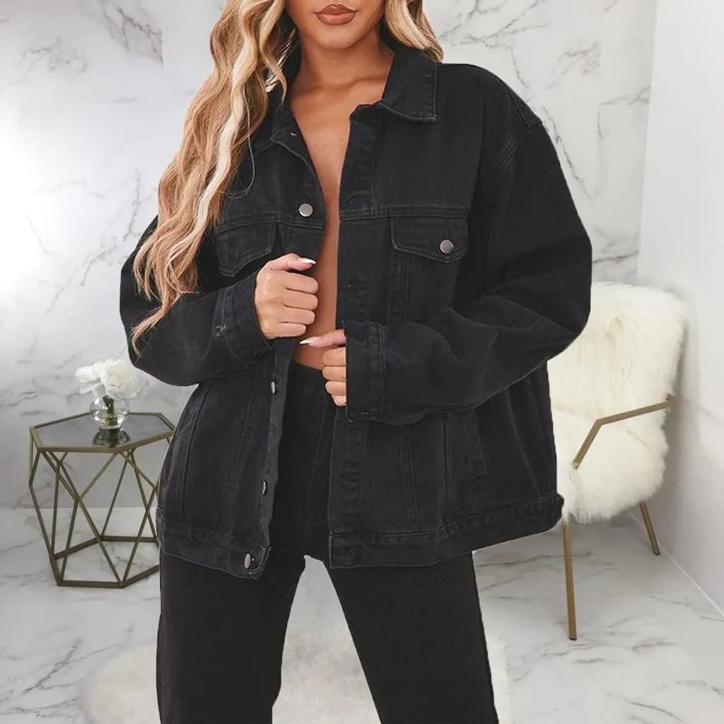 LaiyiVic Denim Jacket for Women Winter Long Sleeve Classic Distressed Butterfly Jean Trucker Jackets