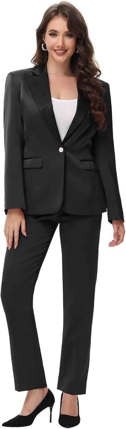 Lamgool Women's Suit 2 Pieces Satin Pantsuits One Button Tuxedo for Dinner, Event and Work